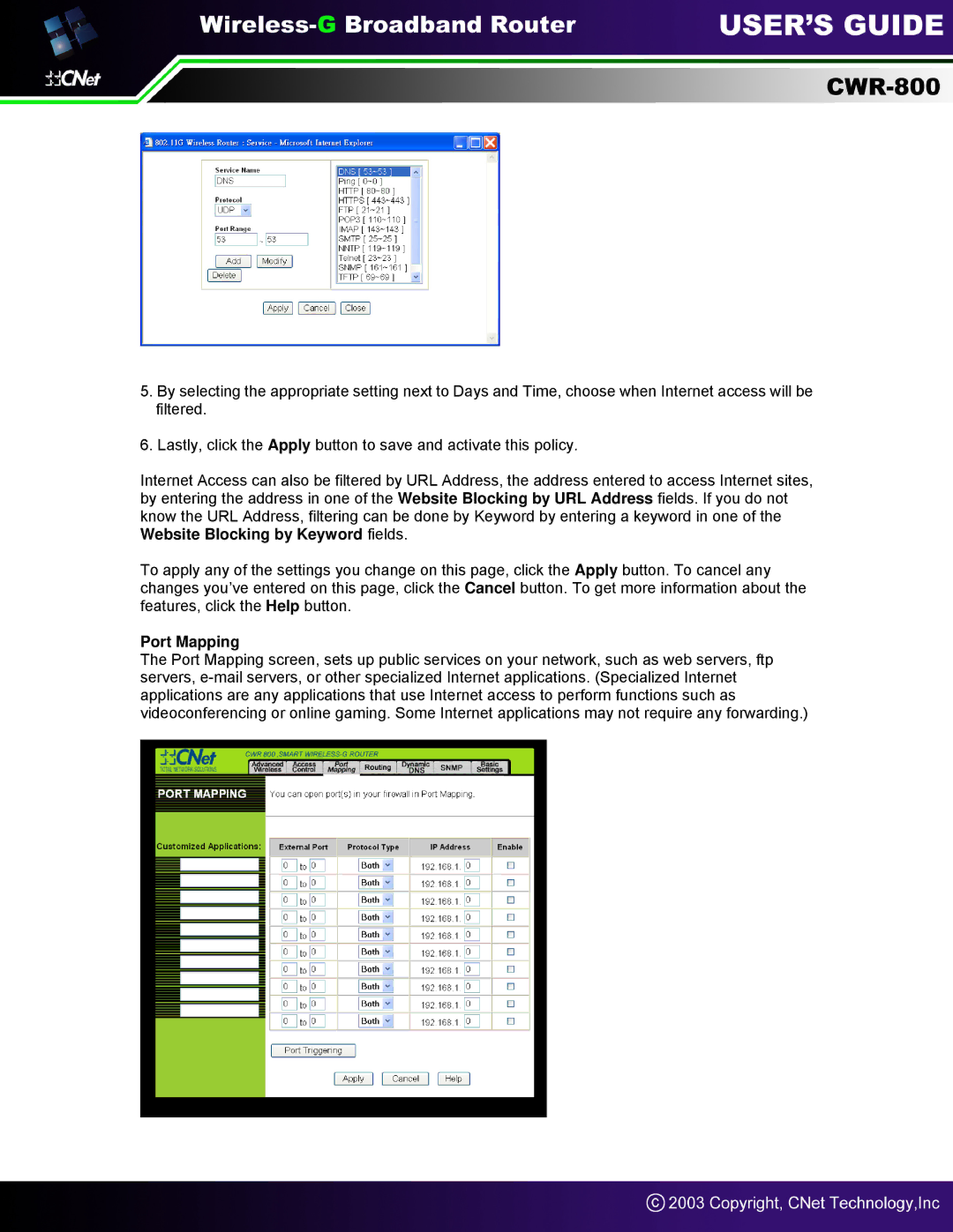 CNet Technology CWR-800 manual Port Mapping 