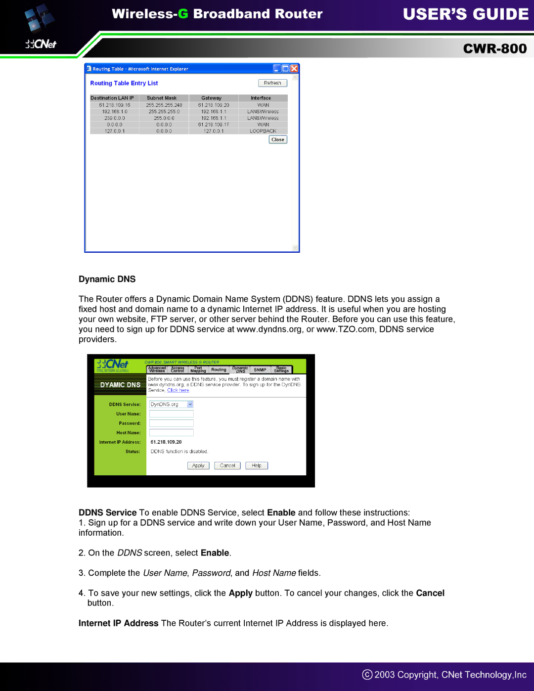 CNet Technology CWR-800 manual Dynamic DNS 