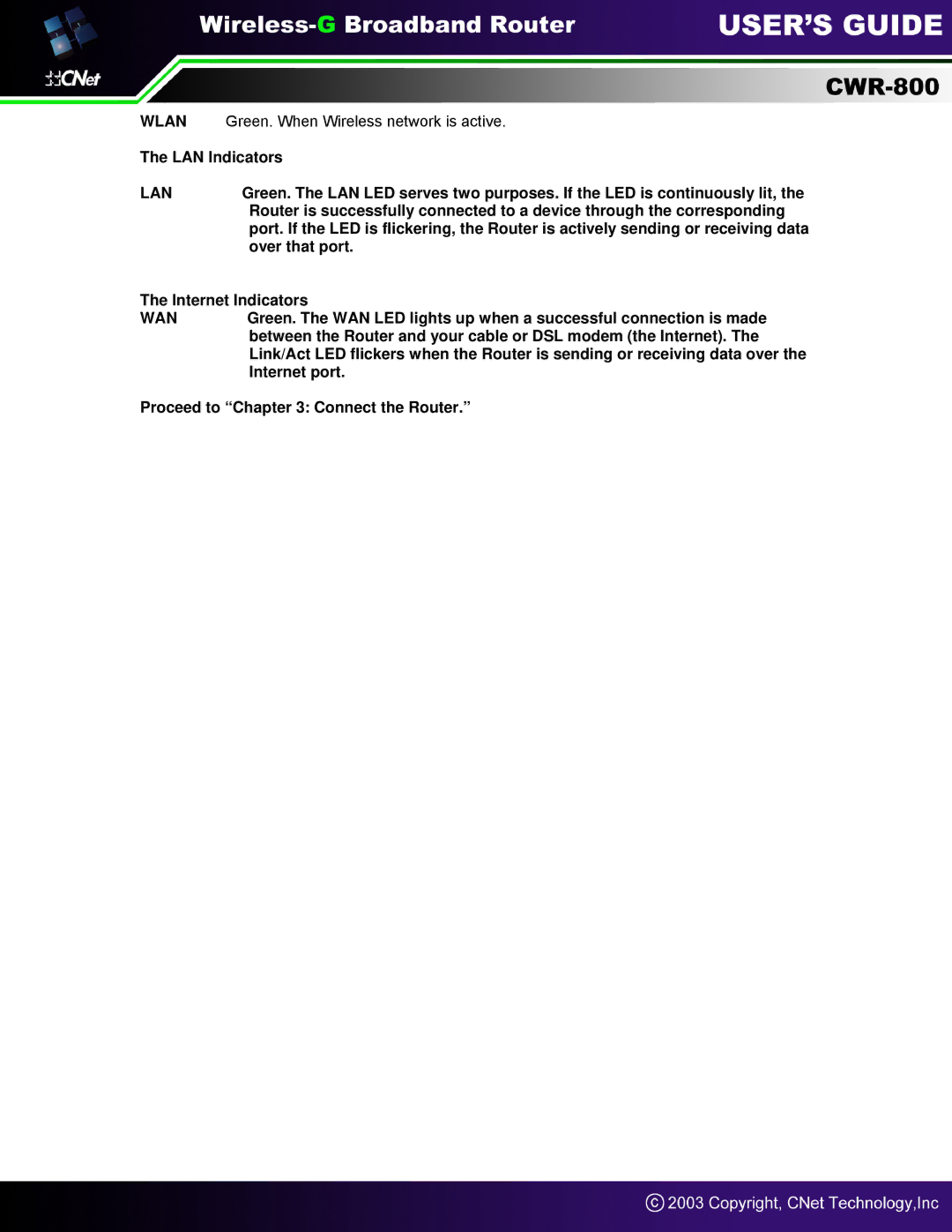 CNet Technology CWR-800 manual LAN Indicators, Over that port 