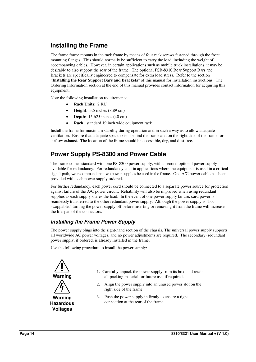 Cobalt Networks 8310(-C) Power Supply PS-8300 and Power Cable, Installing the Frame Power Supply, Hazardous Voltages 