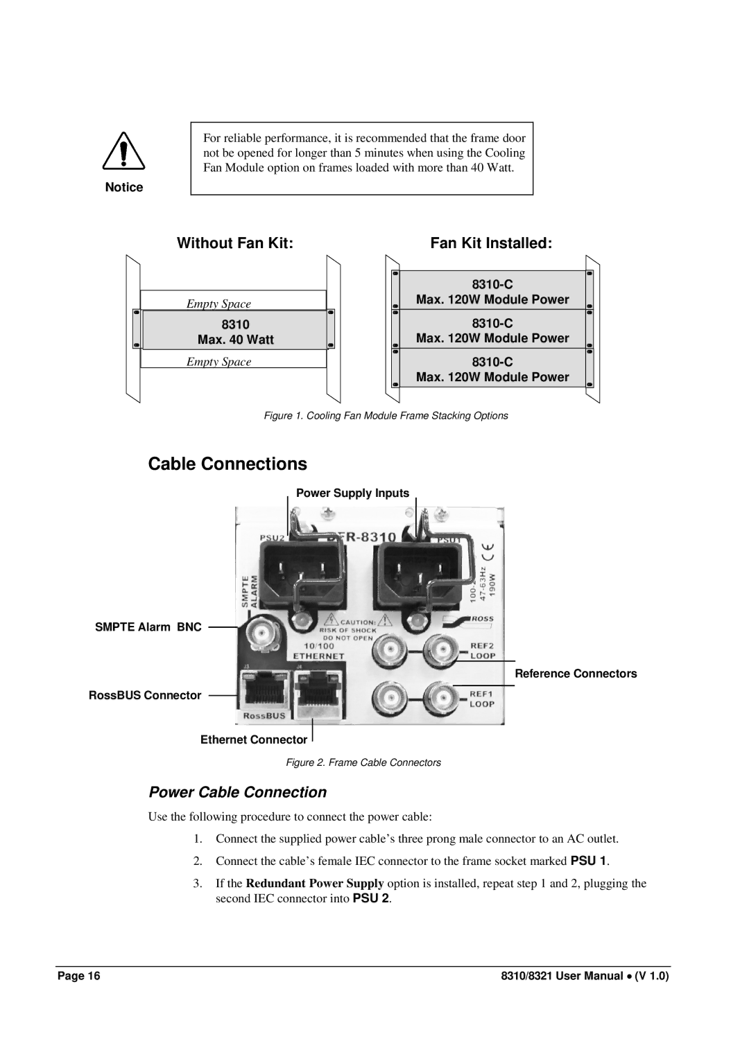 Cobalt Networks 8310(-C), 8321(-C) user manual Cable Connections, Without Fan Kit, Fan Kit Installed, Power Cable Connection 