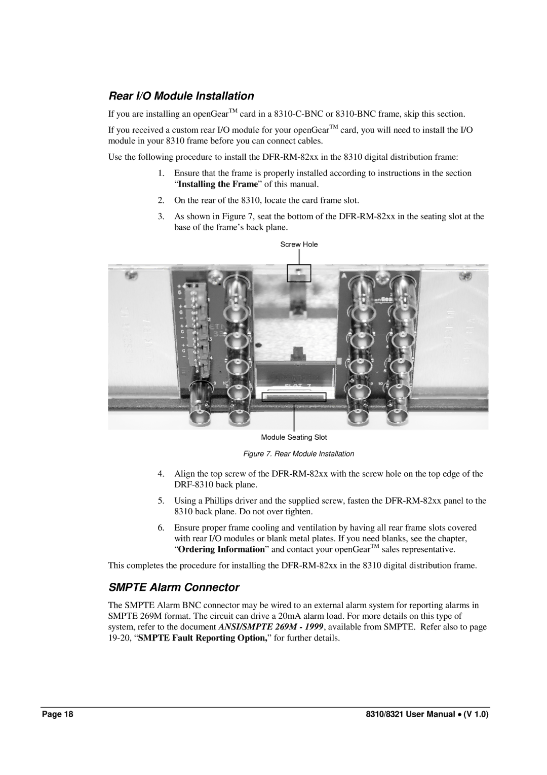 Cobalt Networks 8310(-C), 8321(-C) user manual Rear I/O Module Installation, Smpte Alarm Connector 