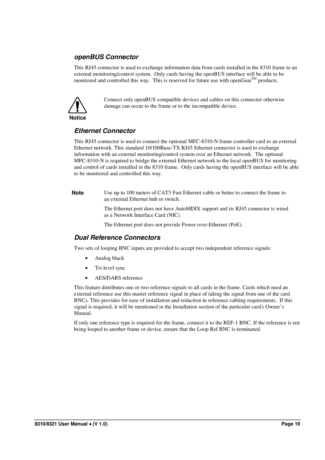 Cobalt Networks 8321(-C), 8310(-C) user manual OpenBUS Connector, Ethernet Connector, Dual Reference Connectors 