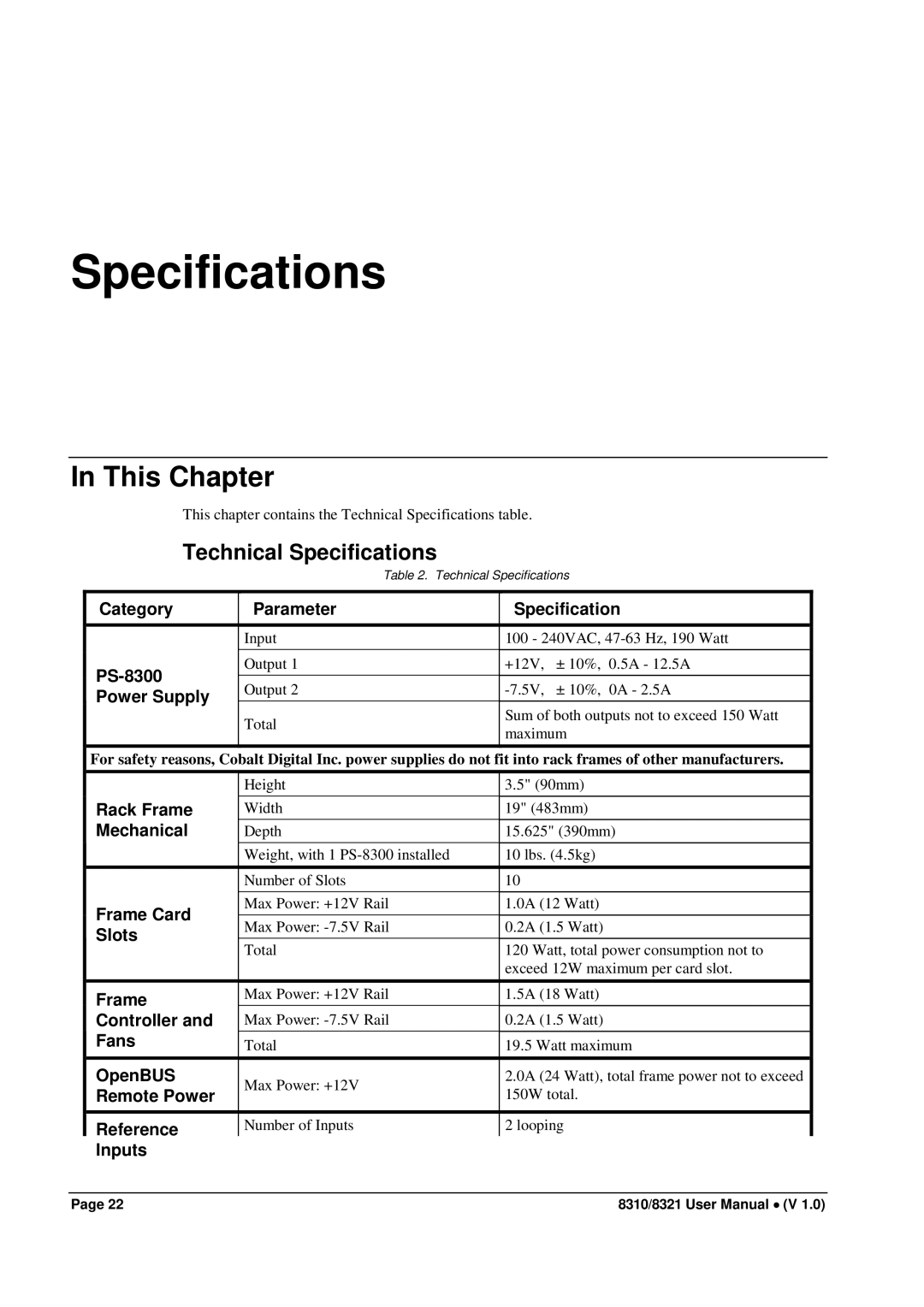 Cobalt Networks 8310(-C), 8321(-C) user manual Technical Specifications 