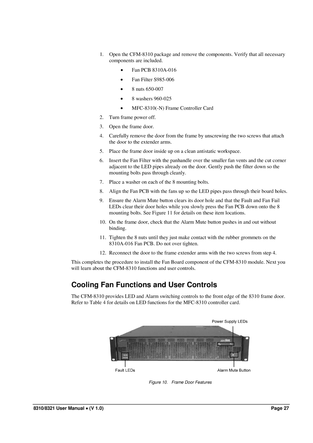 Cobalt Networks 8321(-C), 8310(-C) user manual Cooling Fan Functions and User Controls, Frame Door Features 