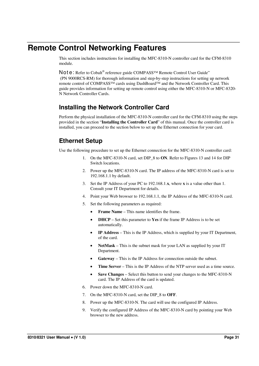 Cobalt Networks 8321(-C) Remote Control Networking Features, Installing the Network Controller Card, Ethernet Setup 