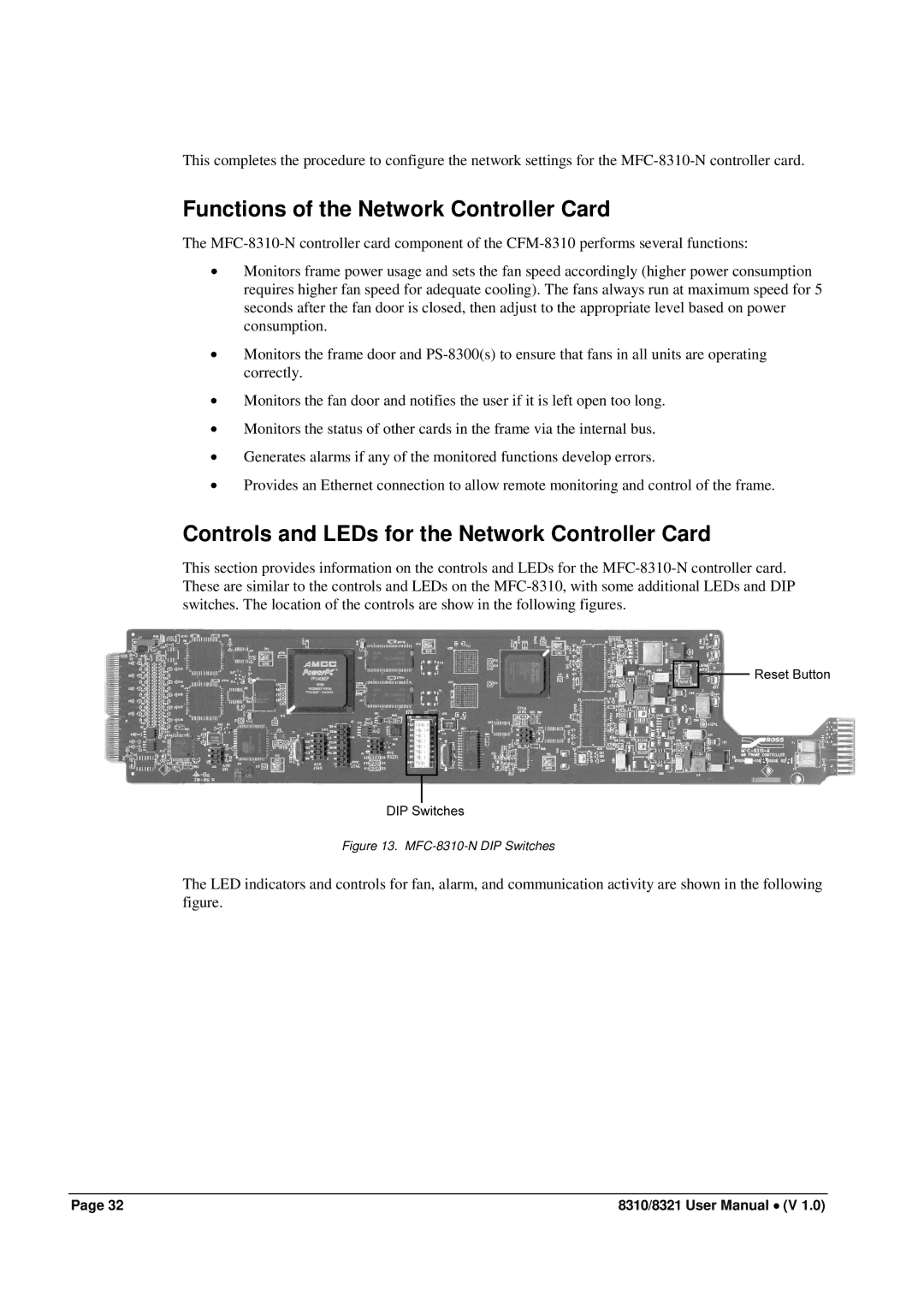 Cobalt Networks 8310(-C) Functions of the Network Controller Card, Controls and LEDs for the Network Controller Card 
