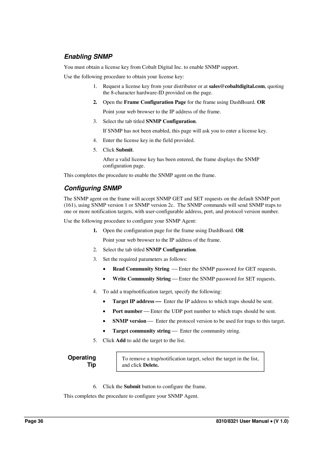 Cobalt Networks 8310(-C), 8321(-C) user manual Enabling Snmp, Configuring Snmp, Operating Tip 