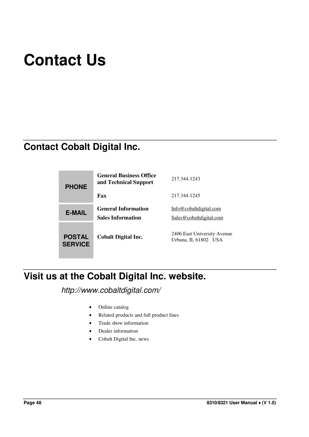 Cobalt Networks 8310(-C), 8321(-C) Contact Us, Contact Cobalt Digital Inc, Visit us at the Cobalt Digital Inc. website 