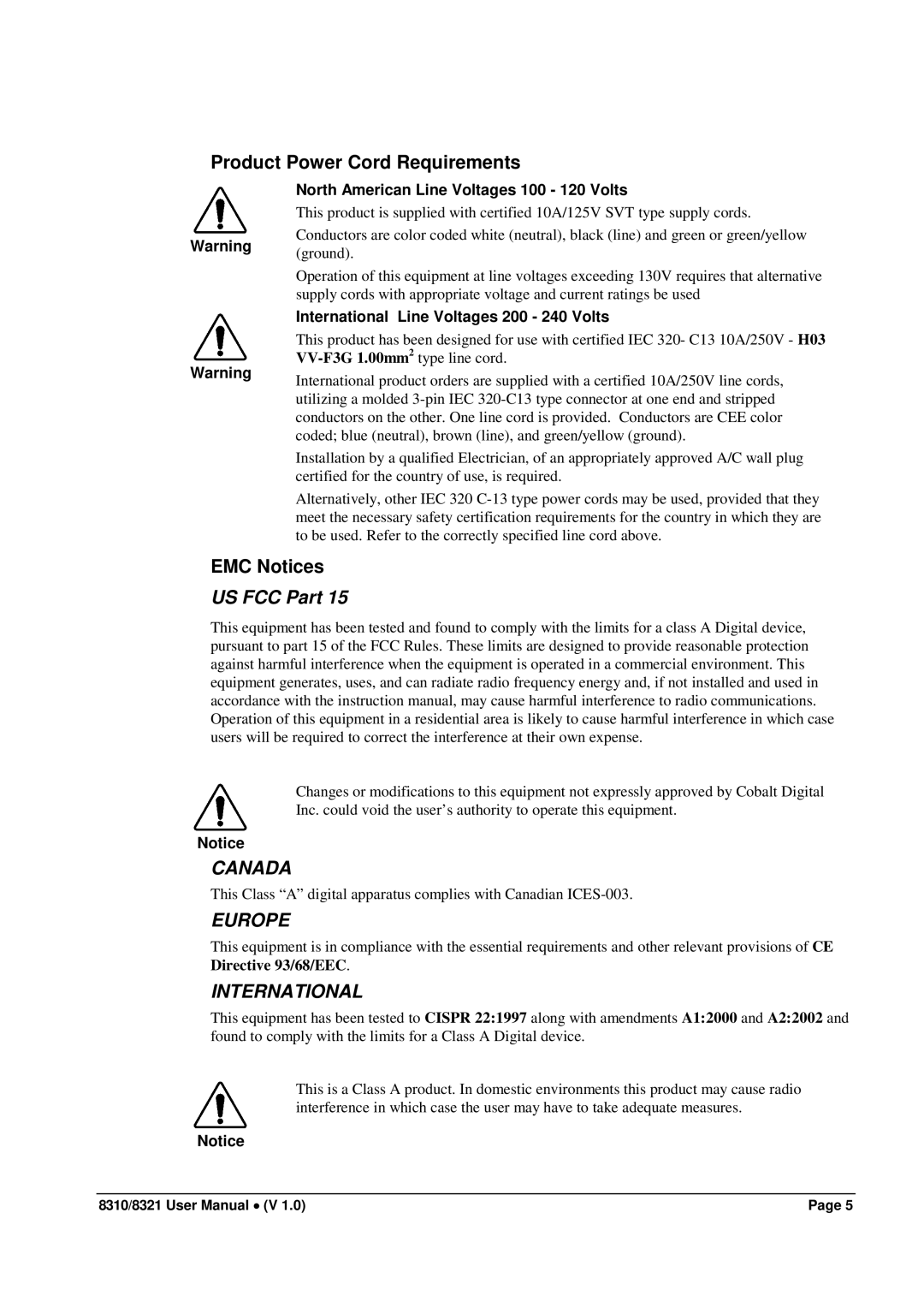 Cobalt Networks 8321(-C), 8310(-C) user manual Product Power Cord Requirements, EMC Notices, US FCC Part 