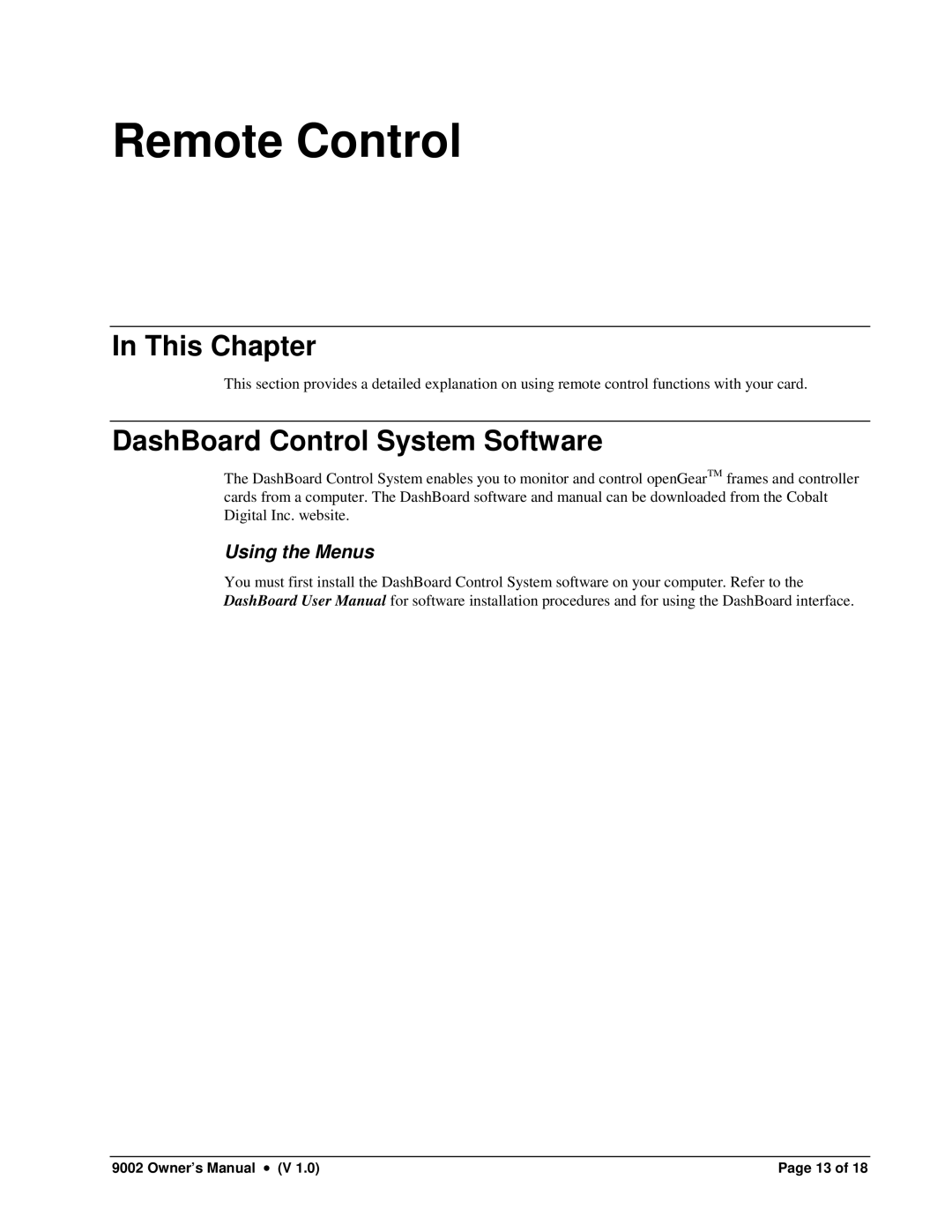 Cobalt Networks 9002 owner manual Remote Control, DashBoard Control System Software 