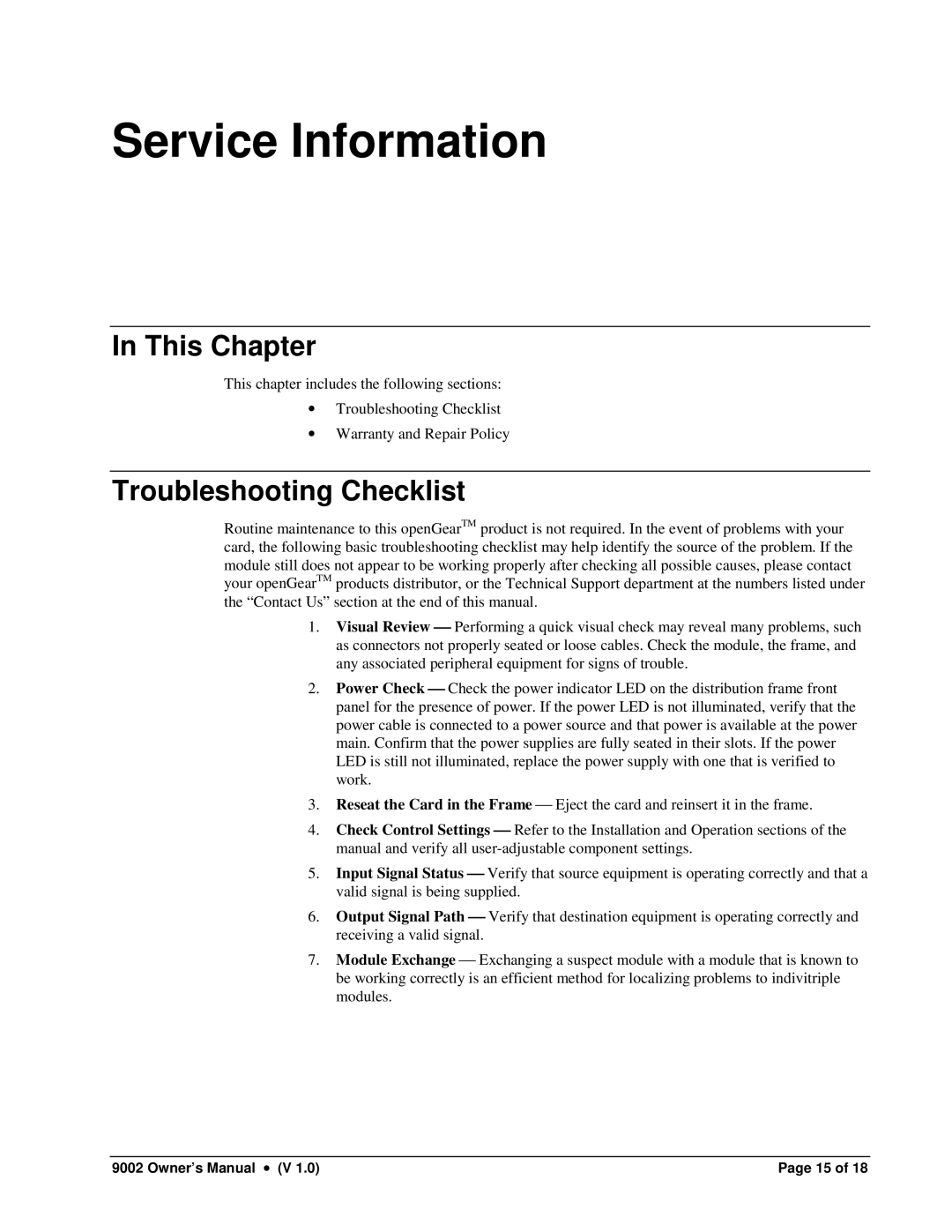 Cobalt Networks 9002 owner manual Service Information, Troubleshooting Checklist 