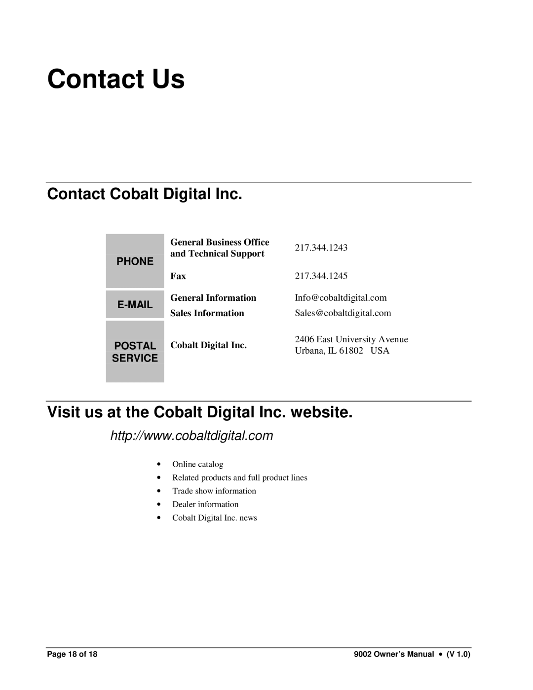 Cobalt Networks 9002 owner manual Contact Us, Contact Cobalt Digital Inc, Visit us at the Cobalt Digital Inc. website 