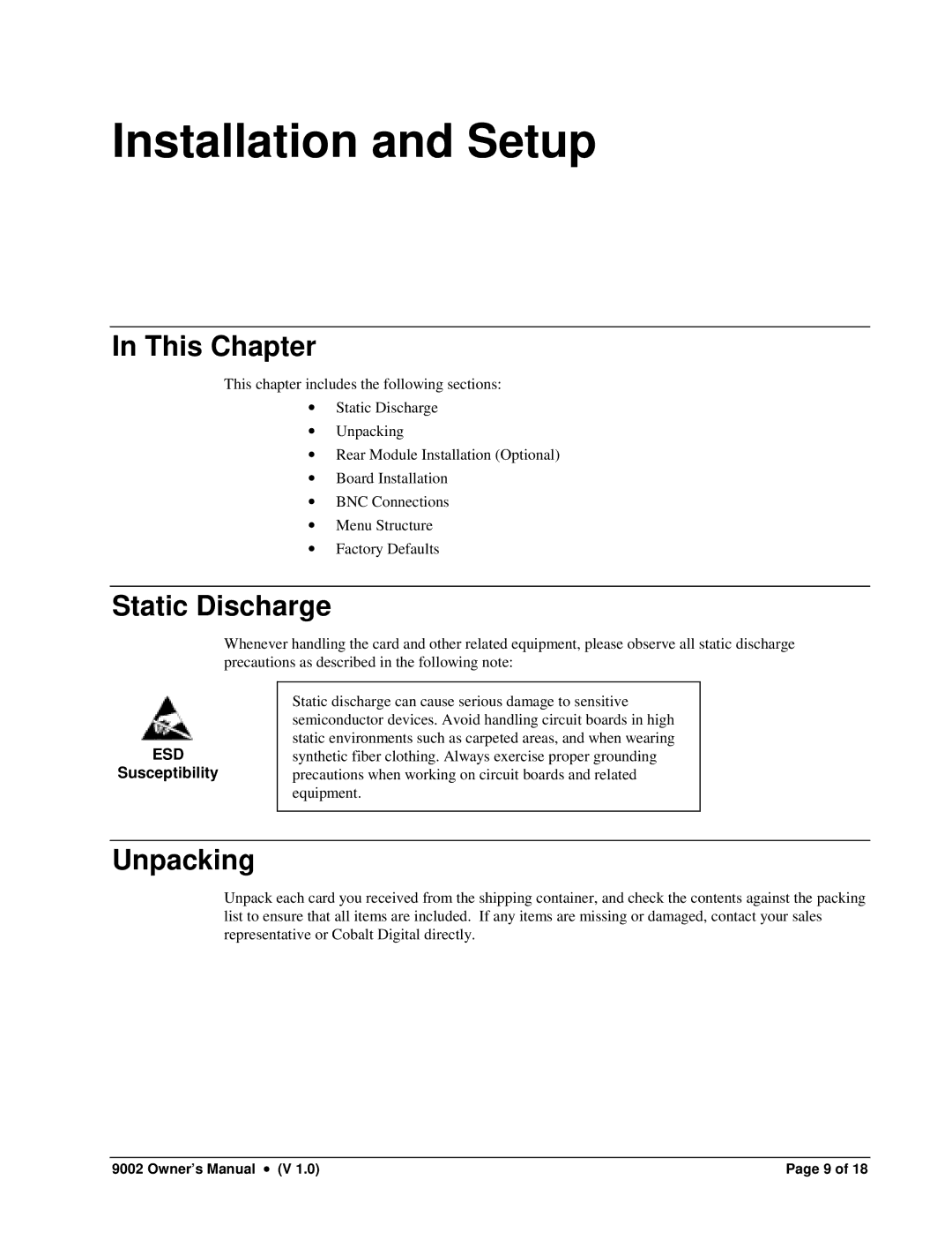 Cobalt Networks 9002 owner manual Installation and Setup, Static Discharge, Unpacking 