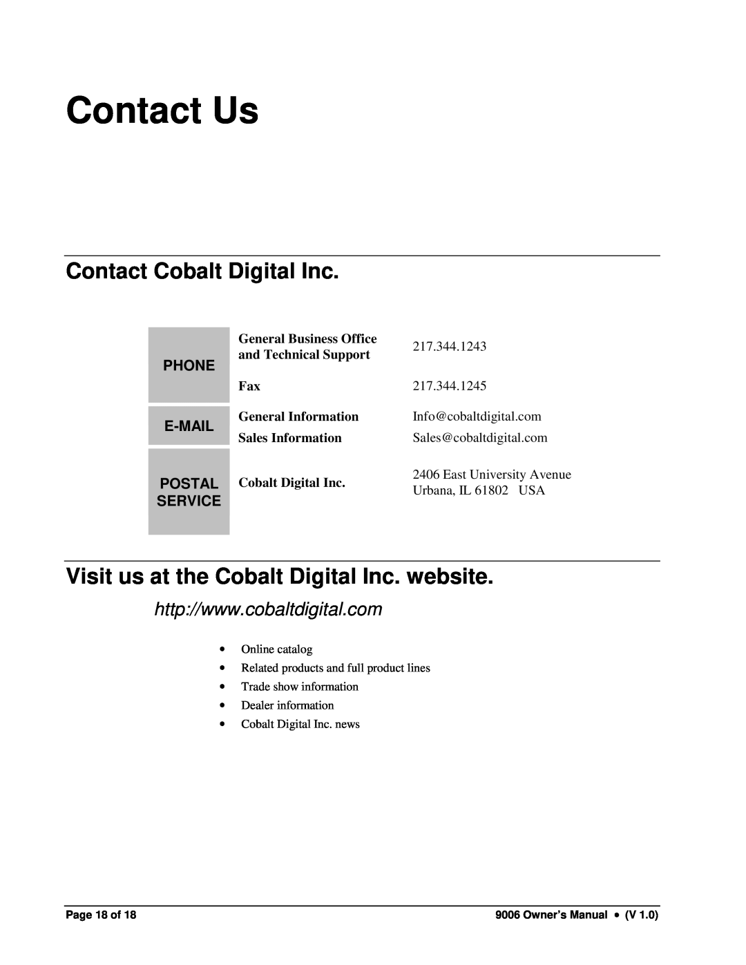Cobalt Networks 9006 Contact Us, Contact Cobalt Digital Inc, Visit us at the Cobalt Digital Inc. website, Service 