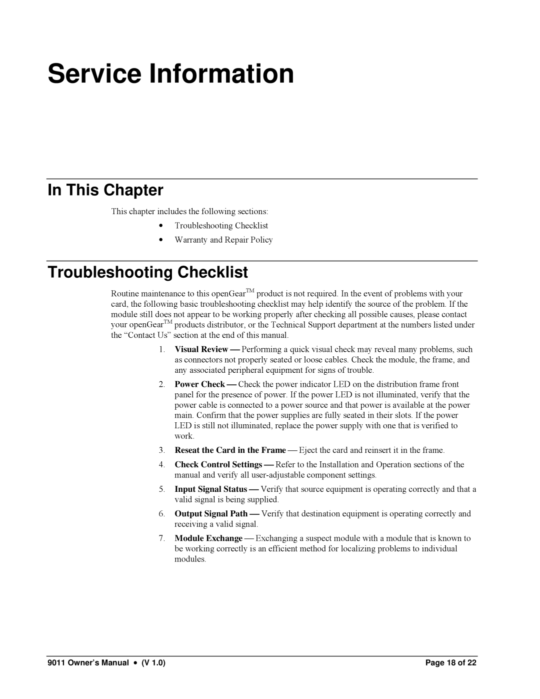 Cobalt Networks 9011 owner manual Service Information, Troubleshooting Checklist 