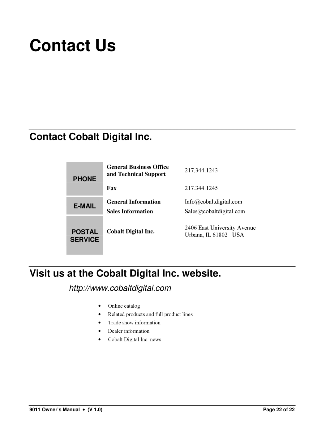 Cobalt Networks 9011 owner manual Contact Us, Contact Cobalt Digital Inc, Visit us at the Cobalt Digital Inc. website 