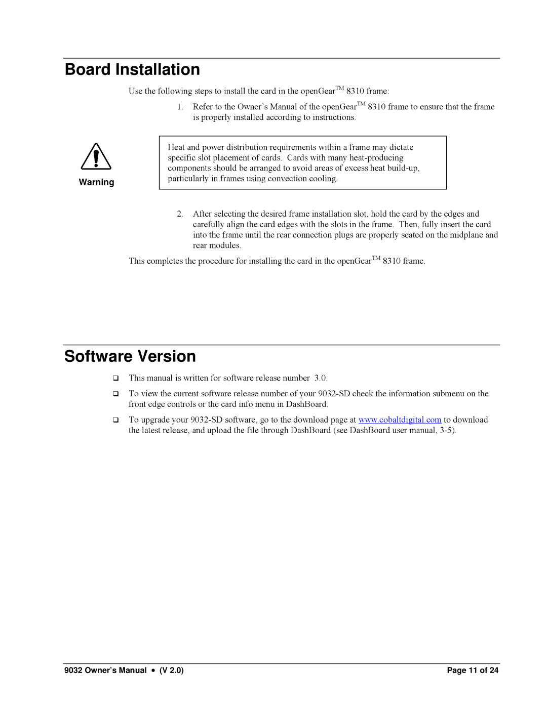 Cobalt Networks 9032-SD owner manual Board Installation, Software Version 