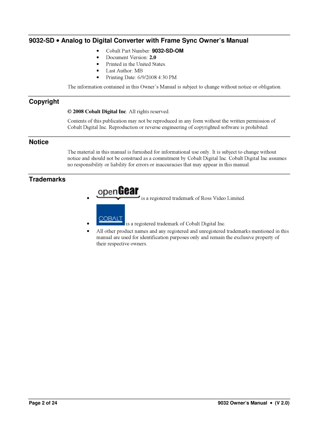 Cobalt Networks 9032-SD owner manual Copyright, Trademarks, Cobalt Digital Inc. All rights reserved 