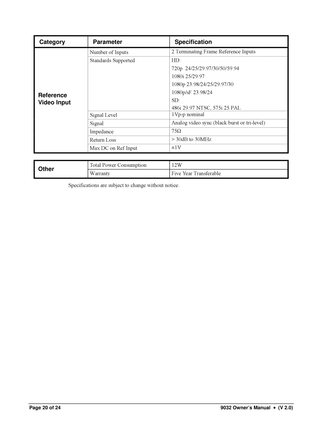 Cobalt Networks 9032-SD owner manual Reference, Video Input, Other 