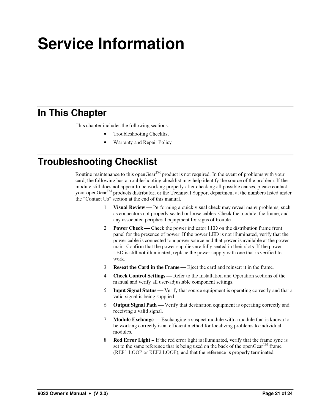 Cobalt Networks 9032-SD owner manual Service Information, Troubleshooting Checklist 