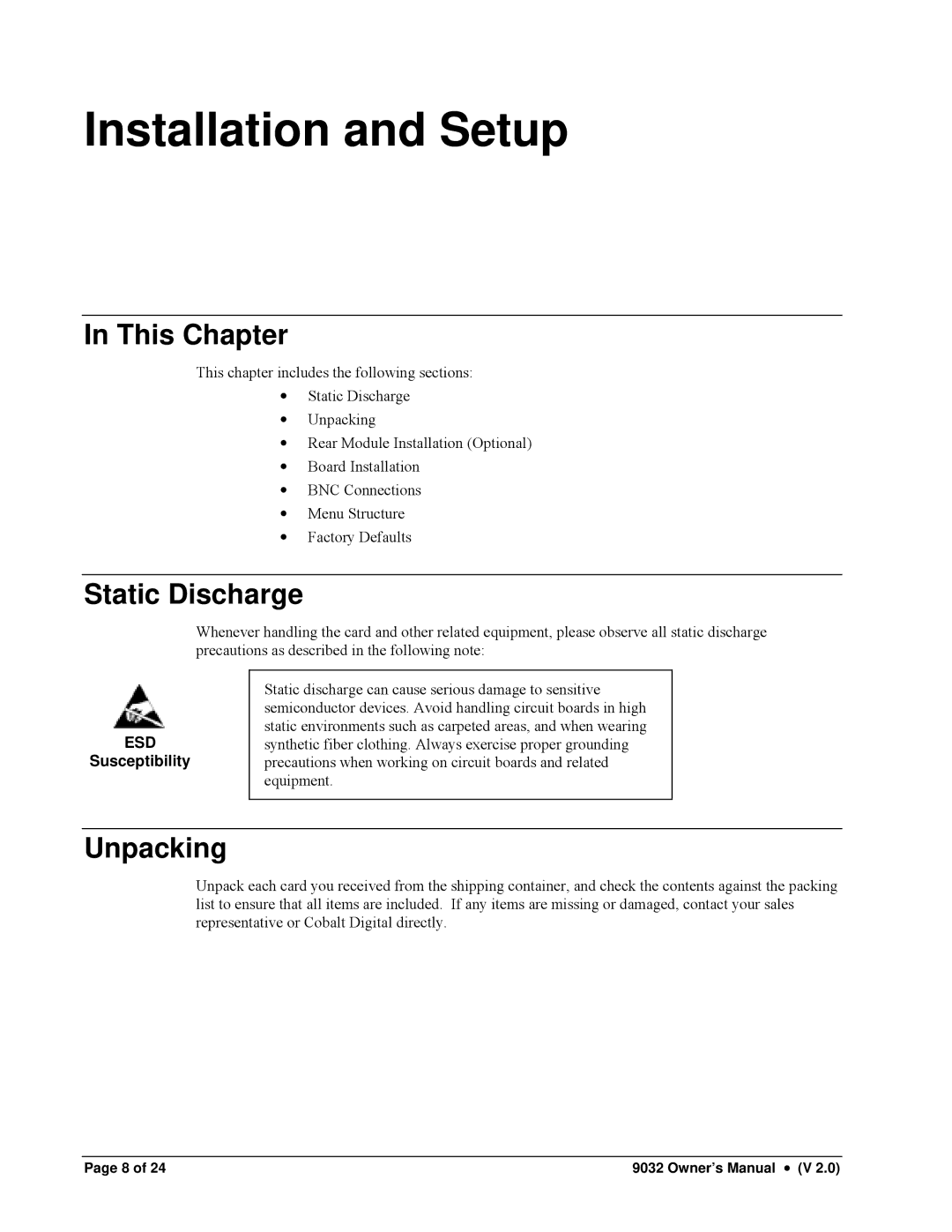 Cobalt Networks 9032-SD owner manual Installation and Setup, Static Discharge, Unpacking 