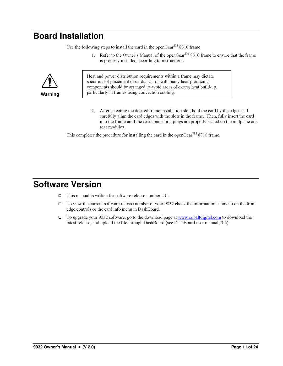 Cobalt Networks 9032 owner manual Board Installation, Software Version 