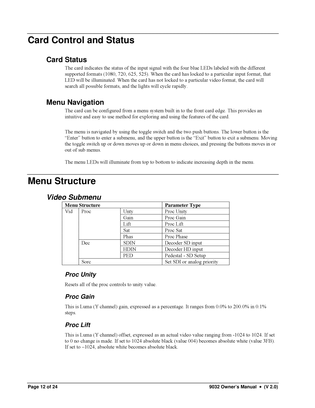 Cobalt Networks 9032 owner manual Card Control and Status, Menu Structure, Video Submenu 