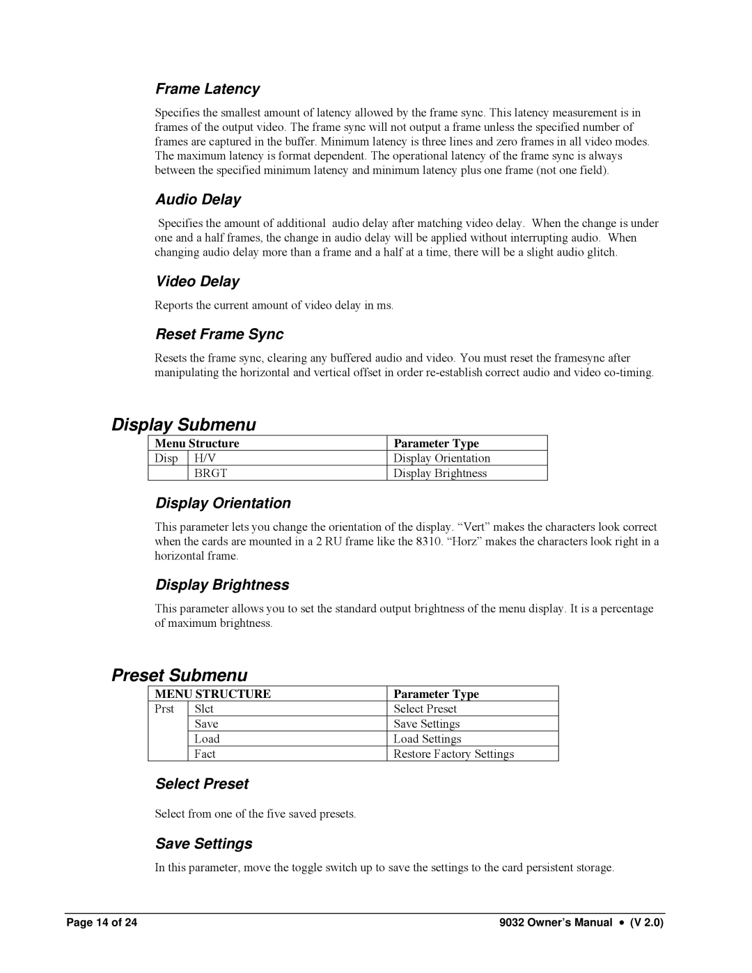 Cobalt Networks 9032 owner manual Display Submenu, Preset Submenu 