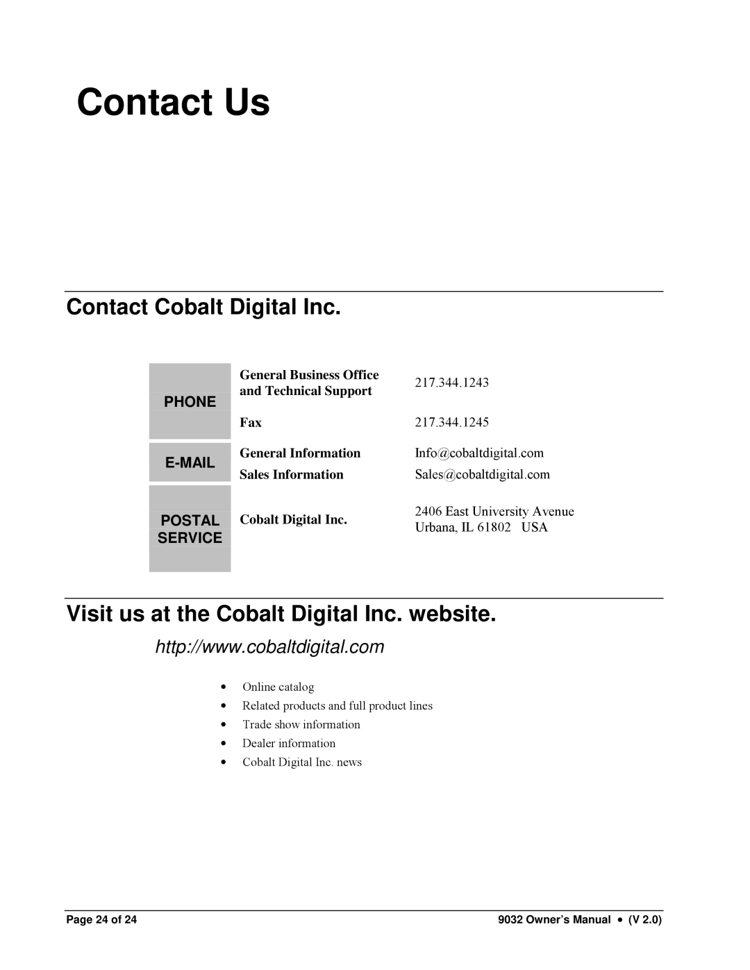 Cobalt Networks 9032 owner manual Contact Us, Contact Cobalt Digital Inc, Visit us at the Cobalt Digital Inc. website 