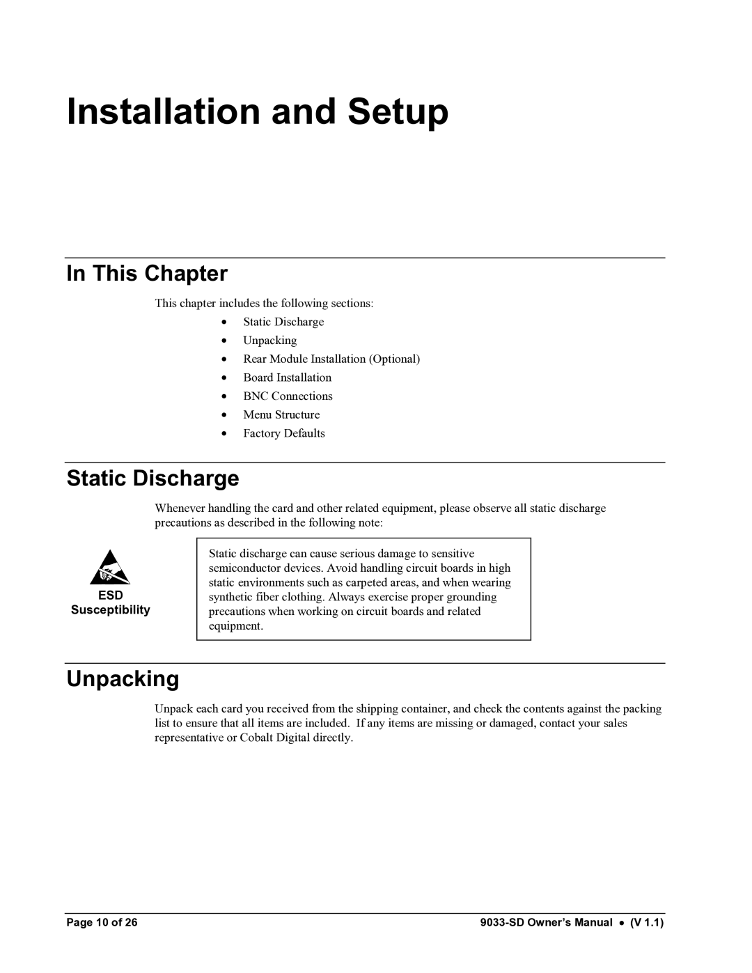 Cobalt Networks 9033-SD owner manual Installation and Setup, Static Discharge, Unpacking 