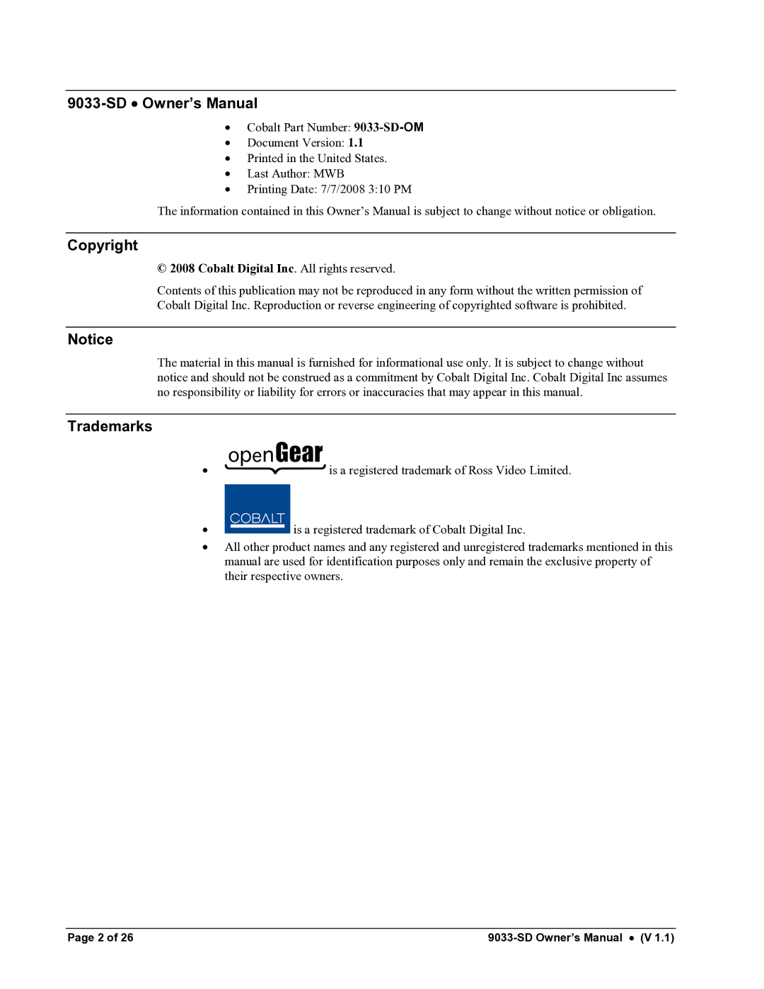 Cobalt Networks 9033-SD owner manual Copyright, Cobalt Digital Inc. All rights reserved 