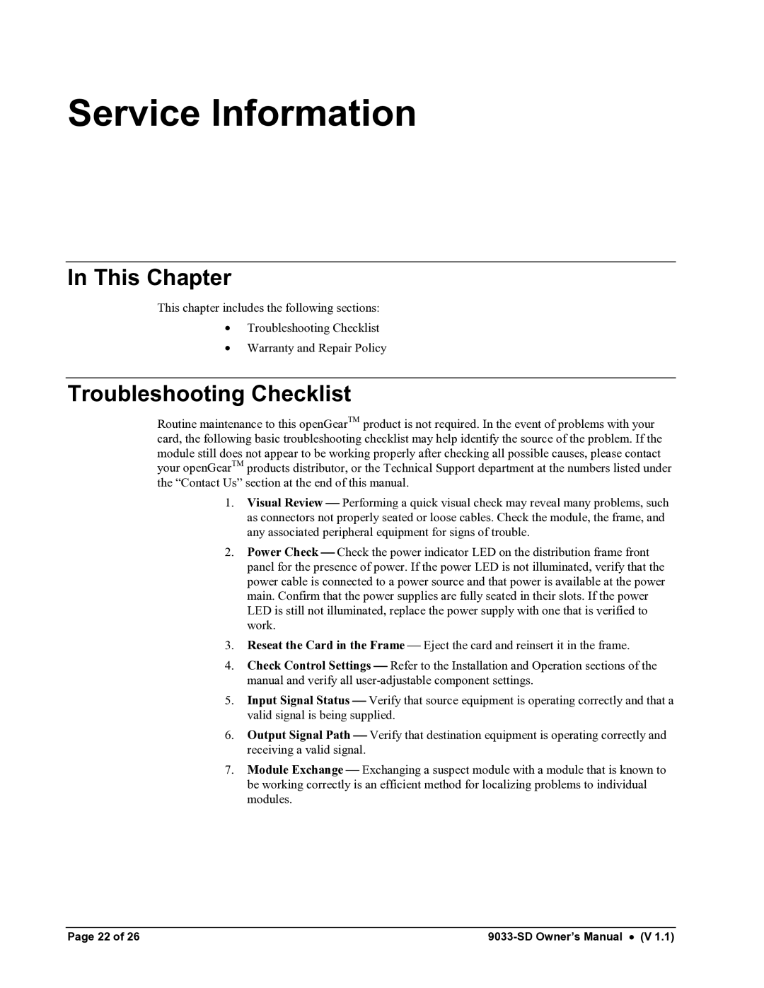 Cobalt Networks 9033-SD owner manual Service Information, Troubleshooting Checklist 