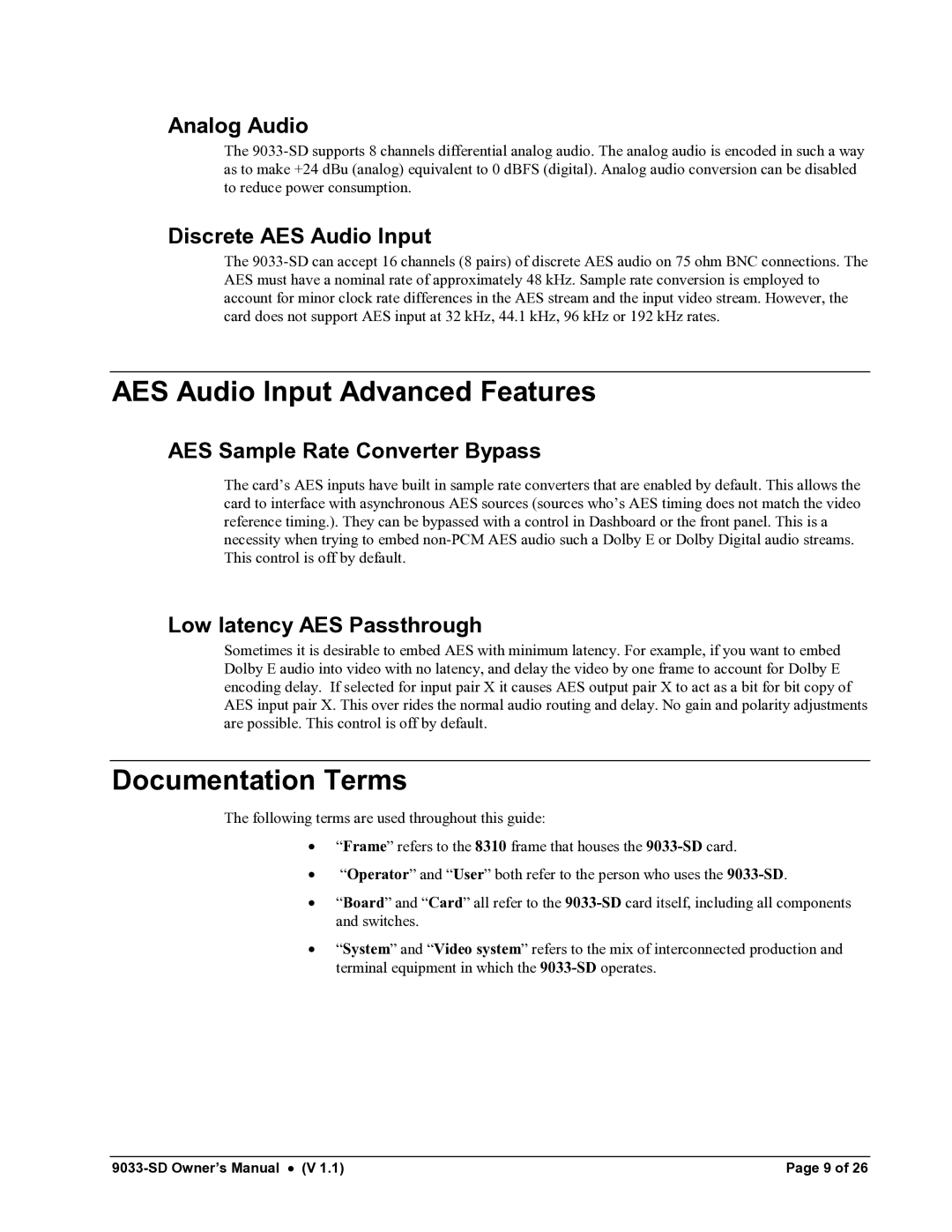 Cobalt Networks 9033-SD owner manual AES Audio Input Advanced Features, Documentation Terms 