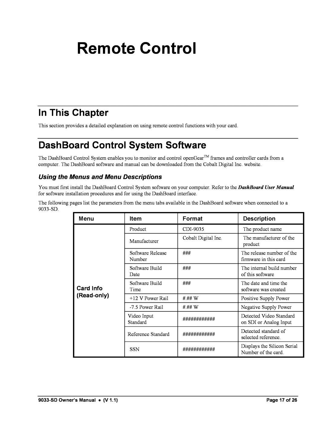 Cobalt Networks 9033-SD Remote Control, DashBoard Control System Software, Using the Menus and Menu Descriptions 