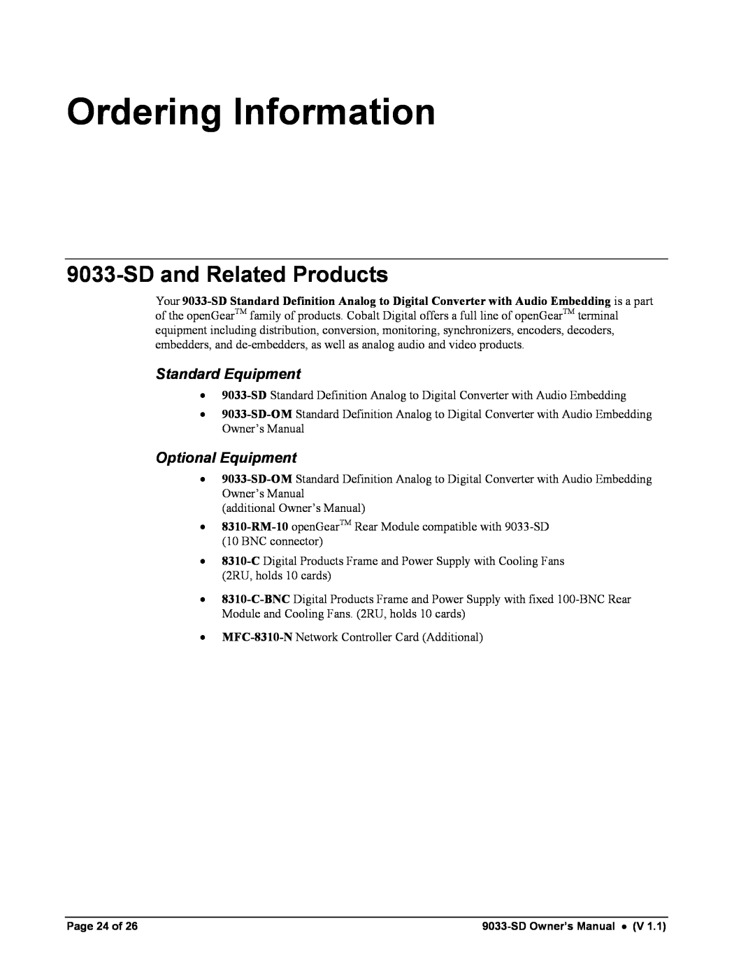 Cobalt Networks 9033-SD owner manual Ordering Information, SD and Related Products, Standard Equipment, Optional Equipment 
