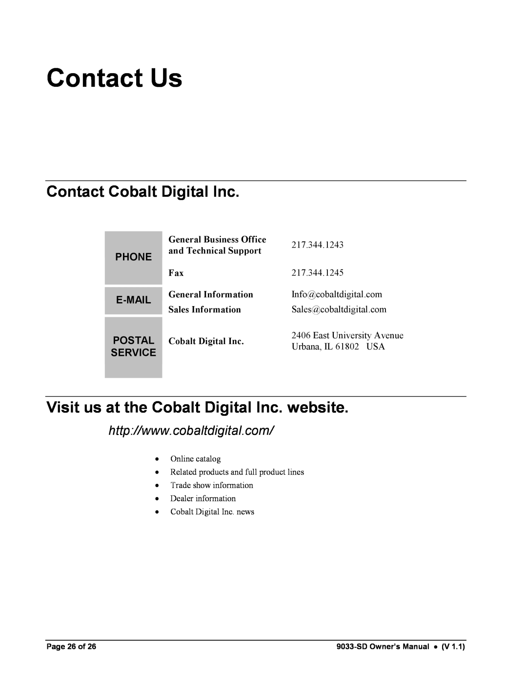 Cobalt Networks 9033-SD Contact Us, Contact Cobalt Digital Inc, Visit us at the Cobalt Digital Inc. website, Phone, E-Mail 