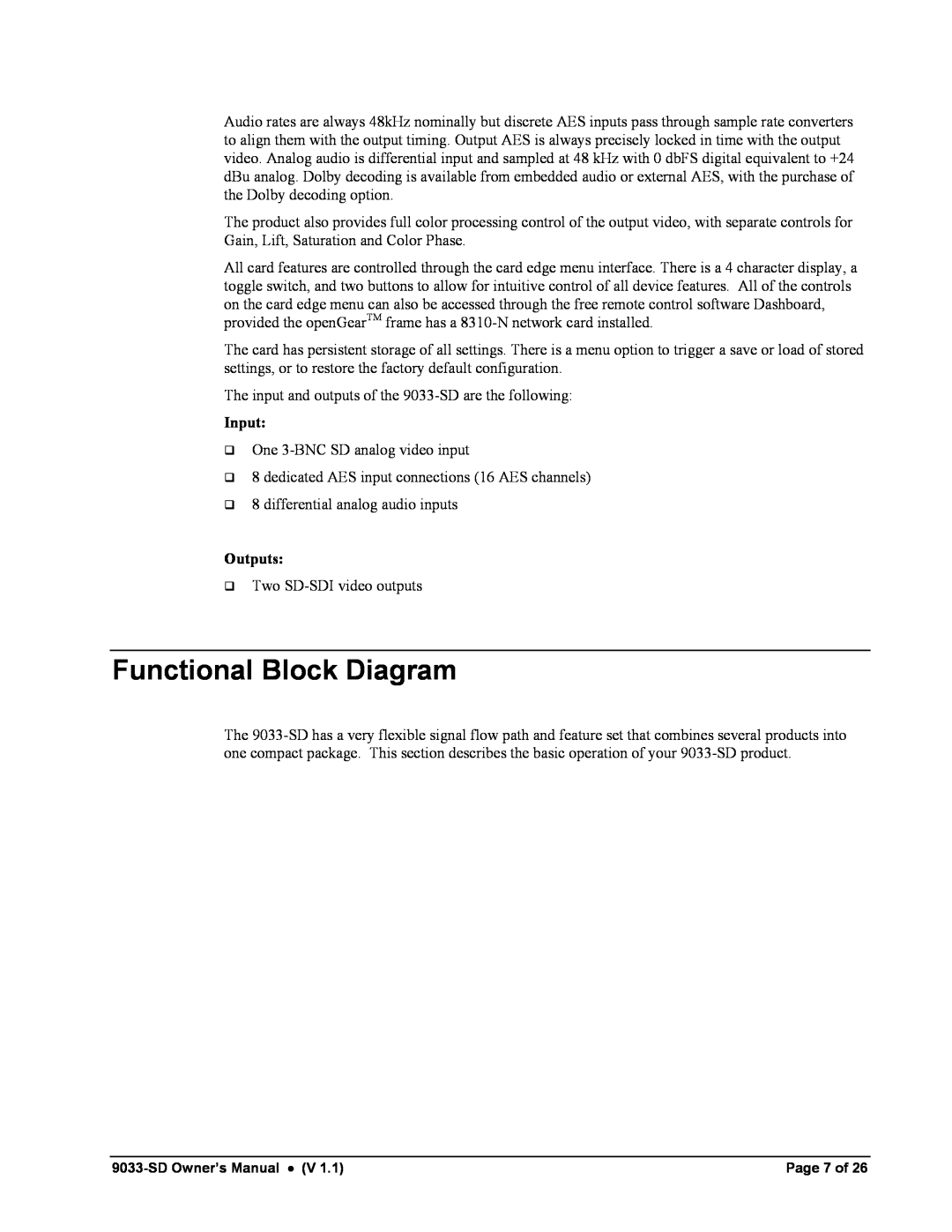 Cobalt Networks 9033-SD owner manual Functional Block Diagram, Input, Outputs 