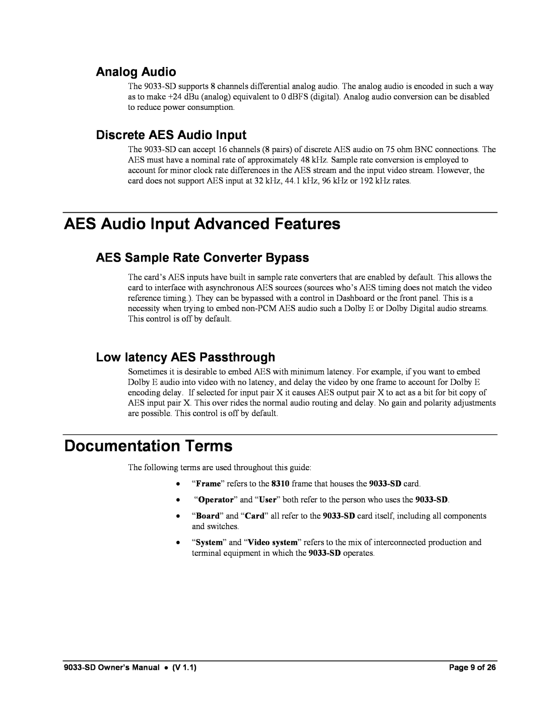 Cobalt Networks 9033-SD AES Audio Input Advanced Features, Documentation Terms, Analog Audio, Discrete AES Audio Input 