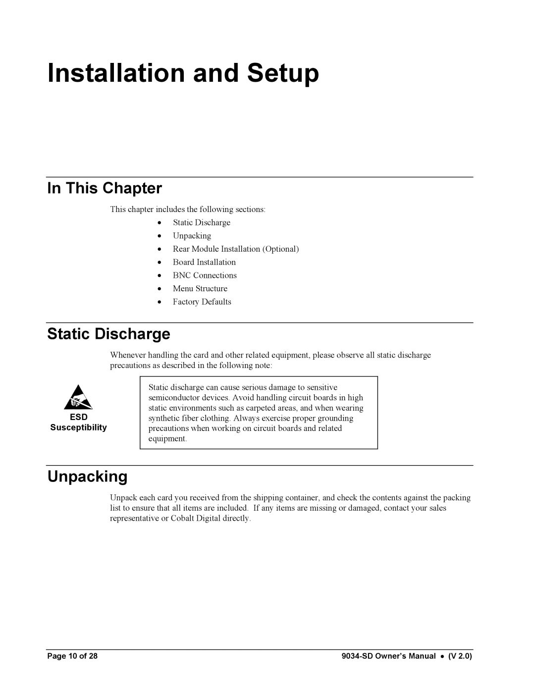 Cobalt Networks 9034-SD owner manual Installation and Setup, Static Discharge, Unpacking 