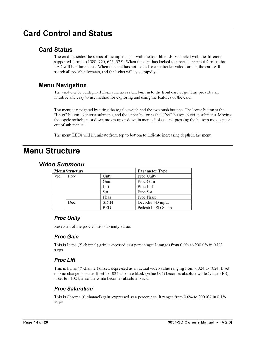 Cobalt Networks 9034-SD owner manual Card Control and Status, Menu Structure, Video Submenu 