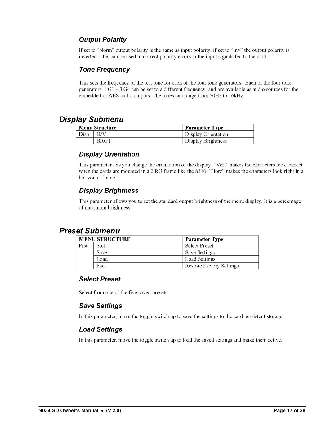 Cobalt Networks 9034-SD owner manual Display Submenu, Preset Submenu 