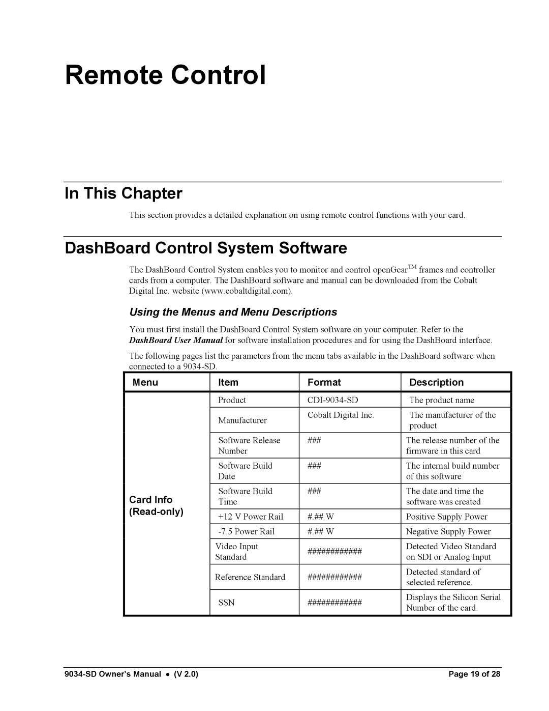 Cobalt Networks 9034-SD Remote Control, DashBoard Control System Software, Using the Menus and Menu Descriptions 