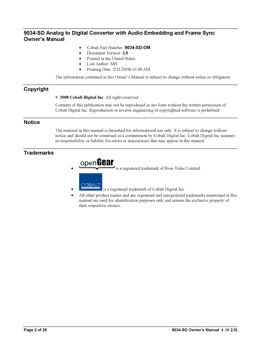 Cobalt Networks 9034-SD owner manual Copyright, Cobalt Digital Inc. All rights reserved 