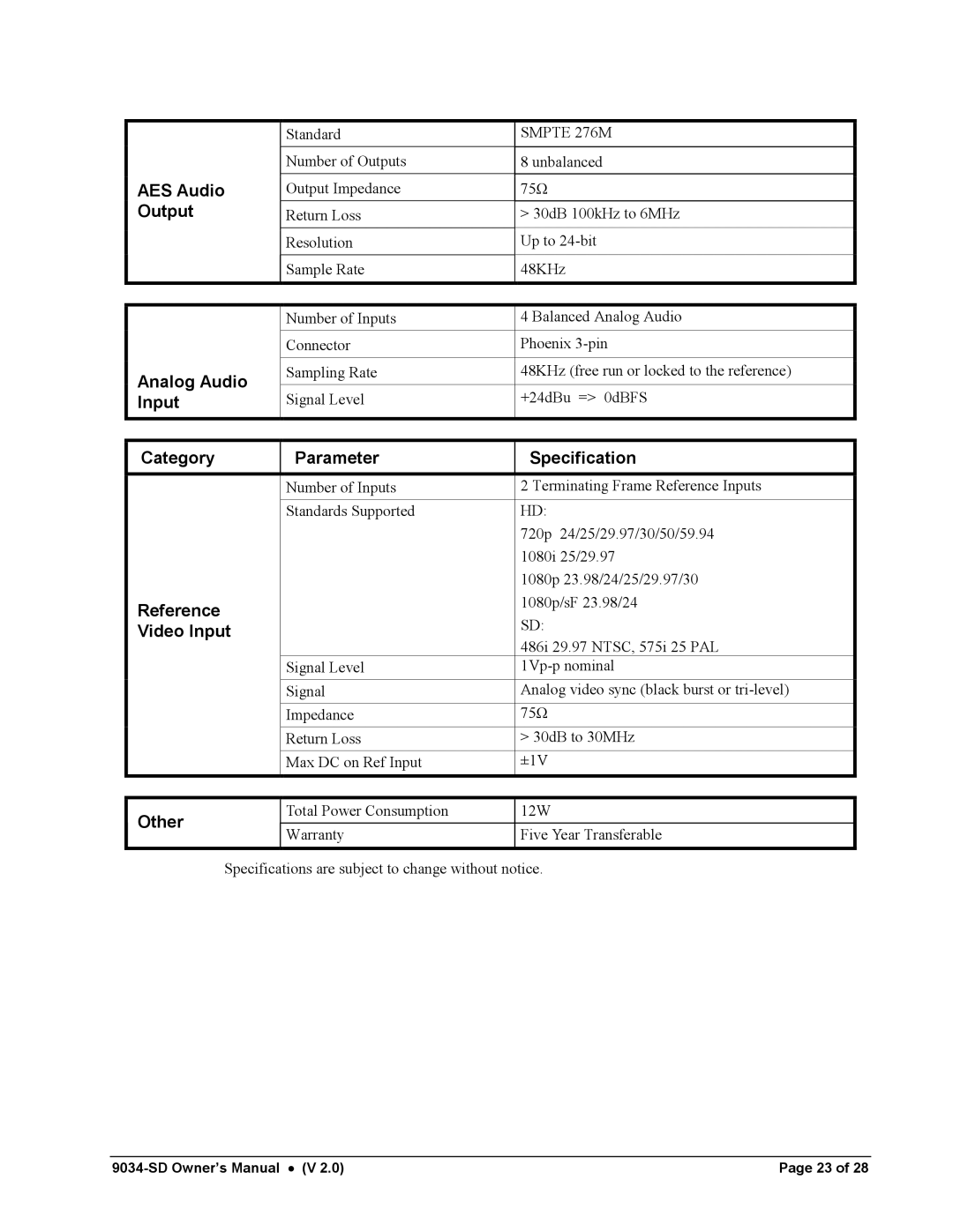 Cobalt Networks 9034-SD owner manual Output, Analog Audio, Reference, Video Input, Other 