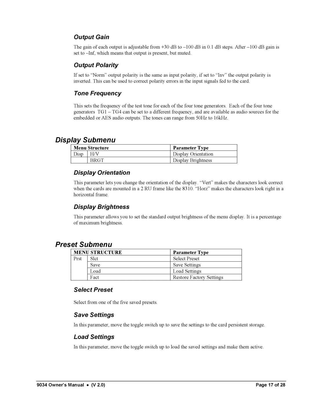 Cobalt Networks 9034 owner manual Display Submenu, Preset Submenu 