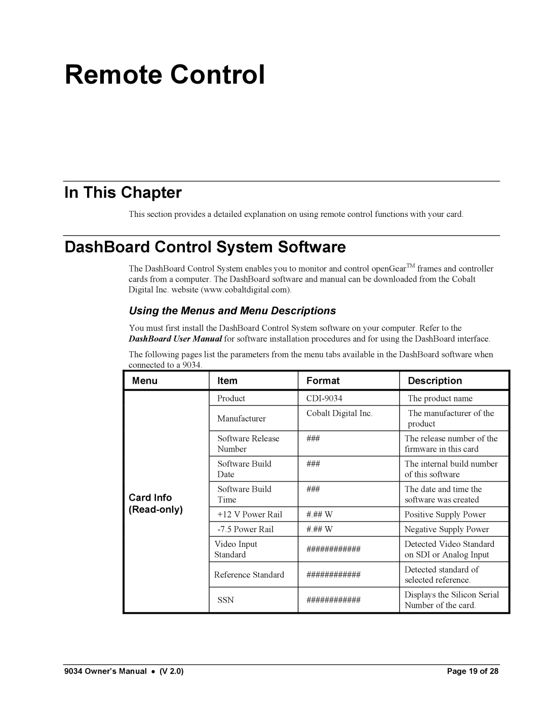 Cobalt Networks 9034 owner manual Remote Control, DashBoard Control System Software, Using the Menus and Menu Descriptions 