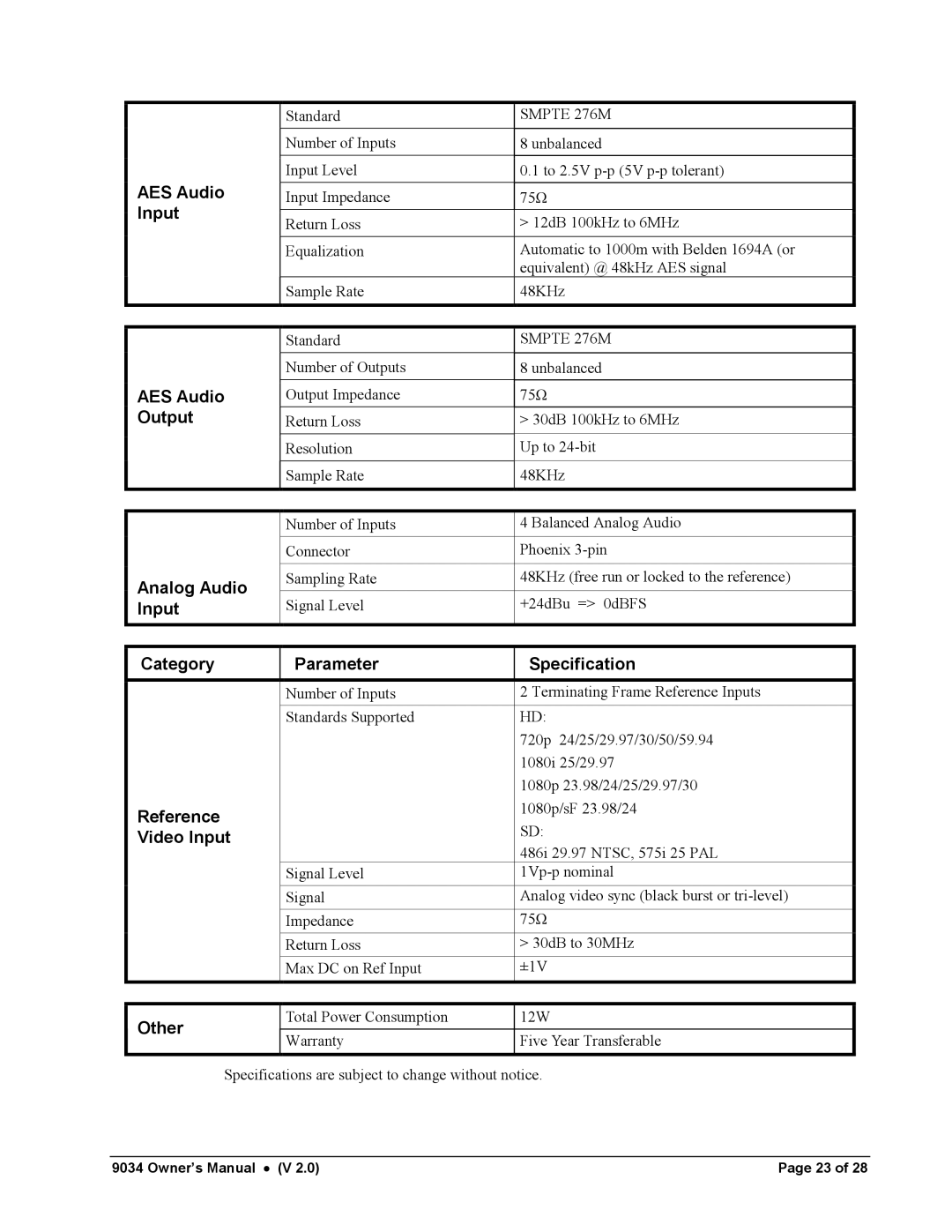 Cobalt Networks 9034 owner manual Output, Analog Audio, Reference, Video Input, Other 