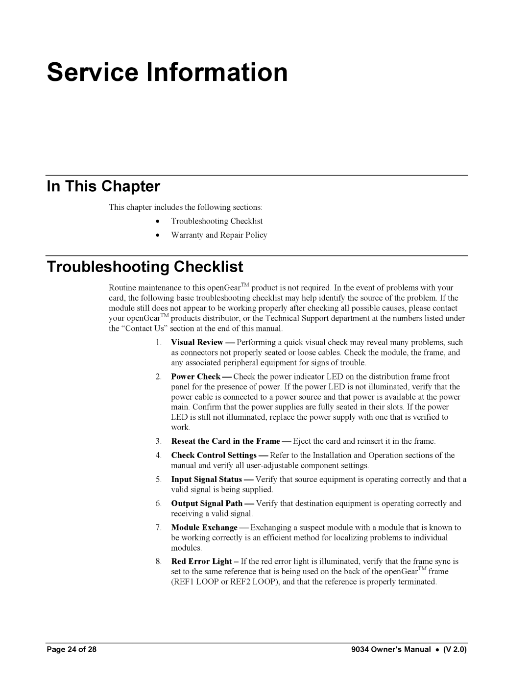 Cobalt Networks 9034 owner manual Service Information, Troubleshooting Checklist 