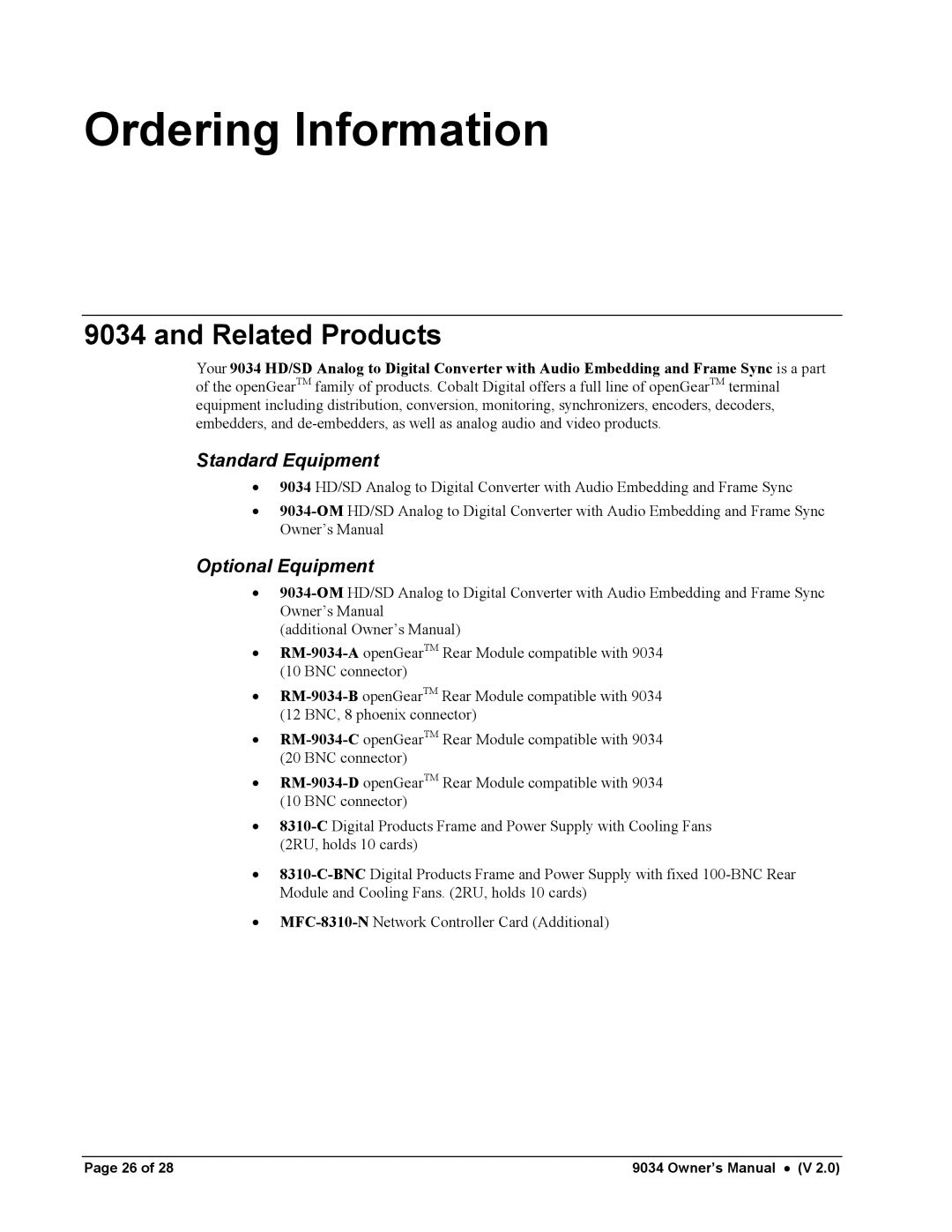 Cobalt Networks 9034 owner manual Ordering Information, Related Products, Standard Equipment, Optional Equipment 